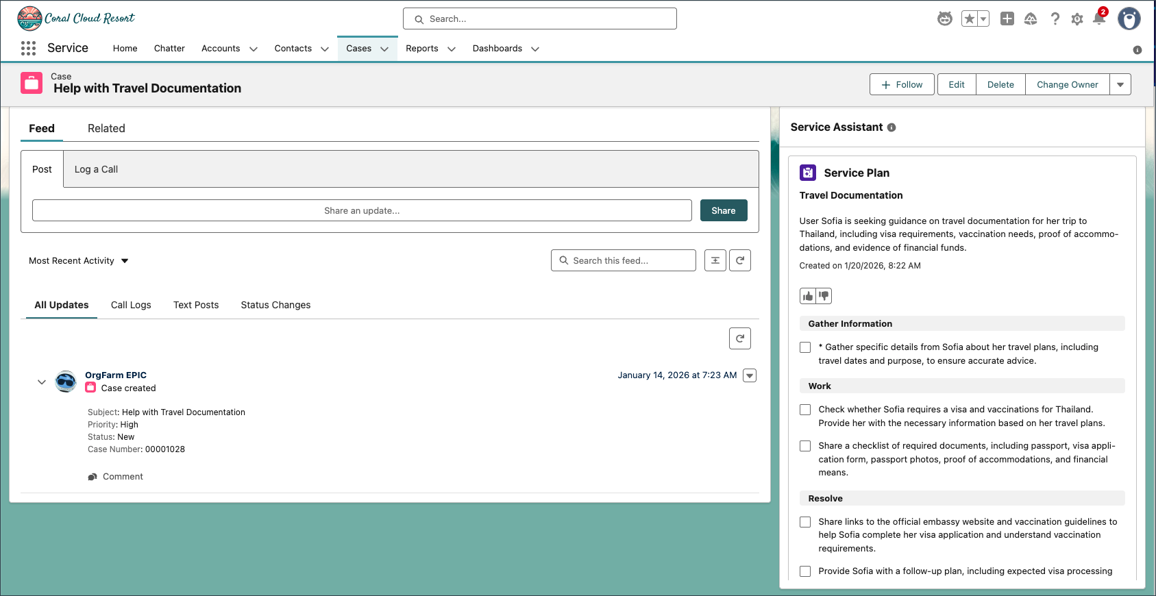 Salesforce case page for Help with Travel Documentation, with service assistant task list for Sofia’s Thailand trip on the right.