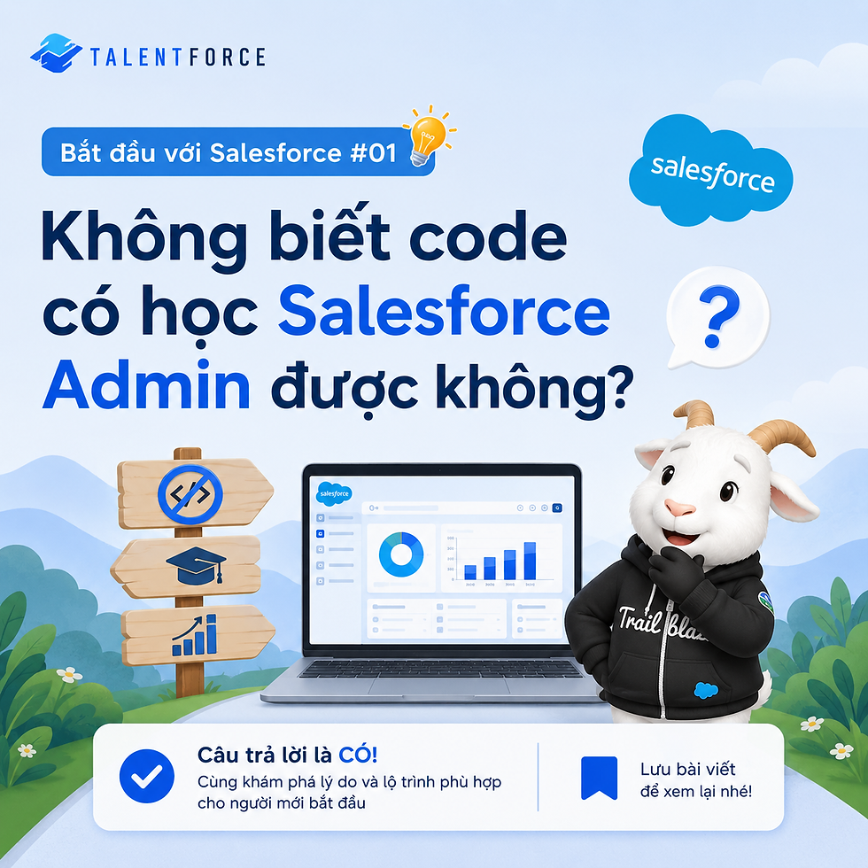 Vietnamese Salesforce promo with laptop, goat mascot, cloud logo, and text asking if non-coders can learn Salesforce Admin.