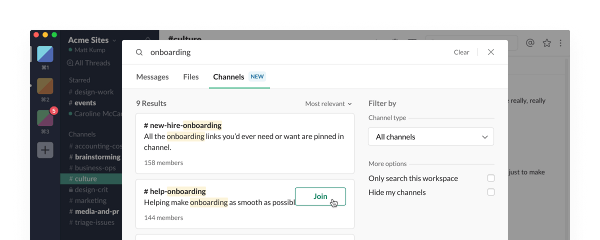 Slack interface showing search results for "onboarding" in Channels tab. Two channels listed with join button. Dark sidebar on the left.