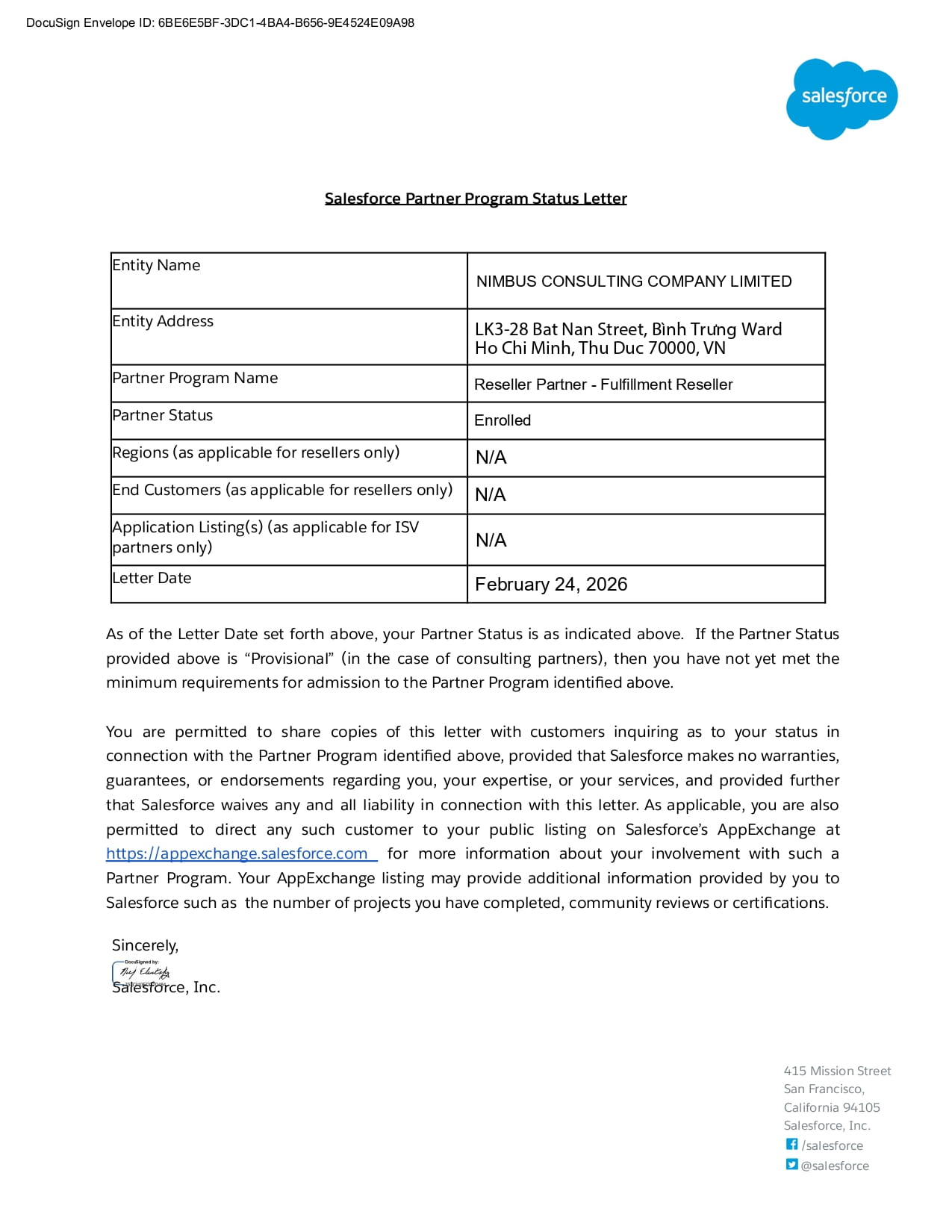 Salesforce Partner Program Status Letter for Nimbus Consulting Company Limited, dated February 24, 2026. Contains details like address, partner status, and contact info.