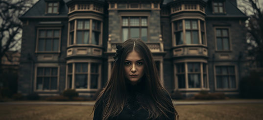 A gothic woman standing in front of an eerie Edwardian mansion..jpg