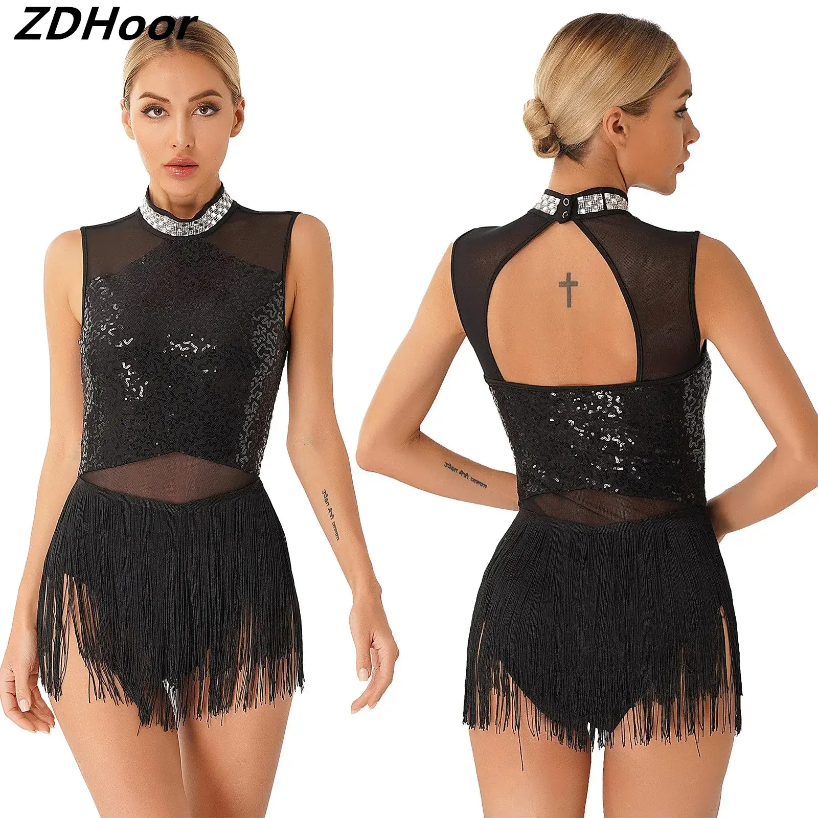 Womens Sequined Dance Dress Collar Fringed Leotard Mesh