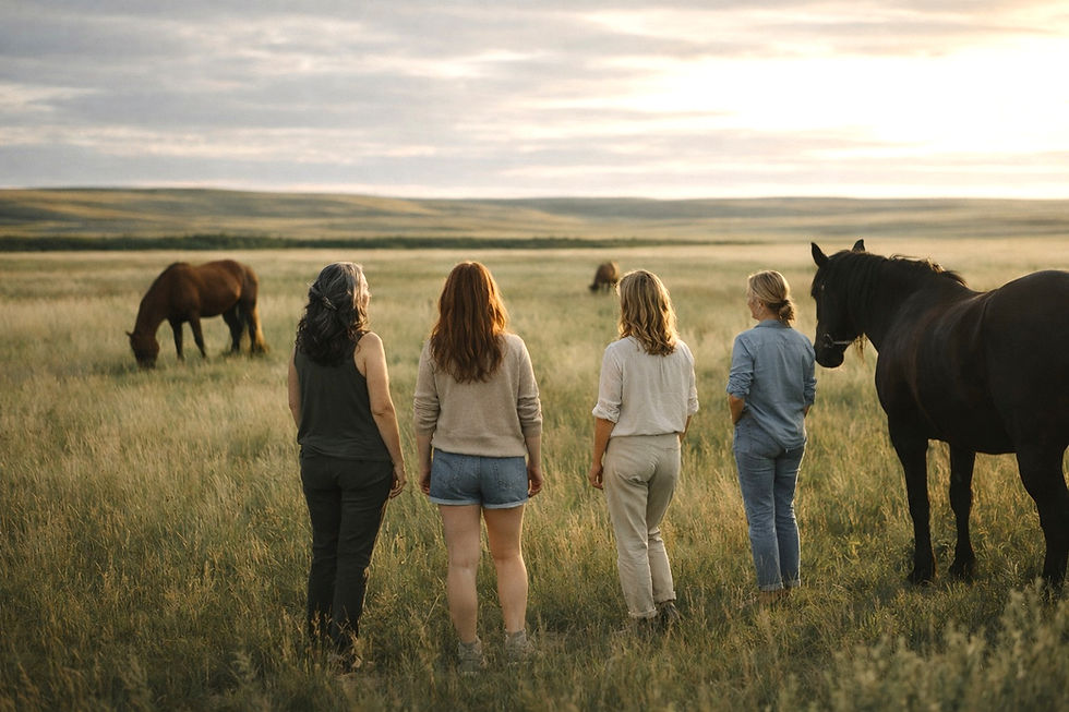 Women looking ahead with confidence and peace after The Flow Experience for Women session at SGA Stables in Grandview, Manitoba.