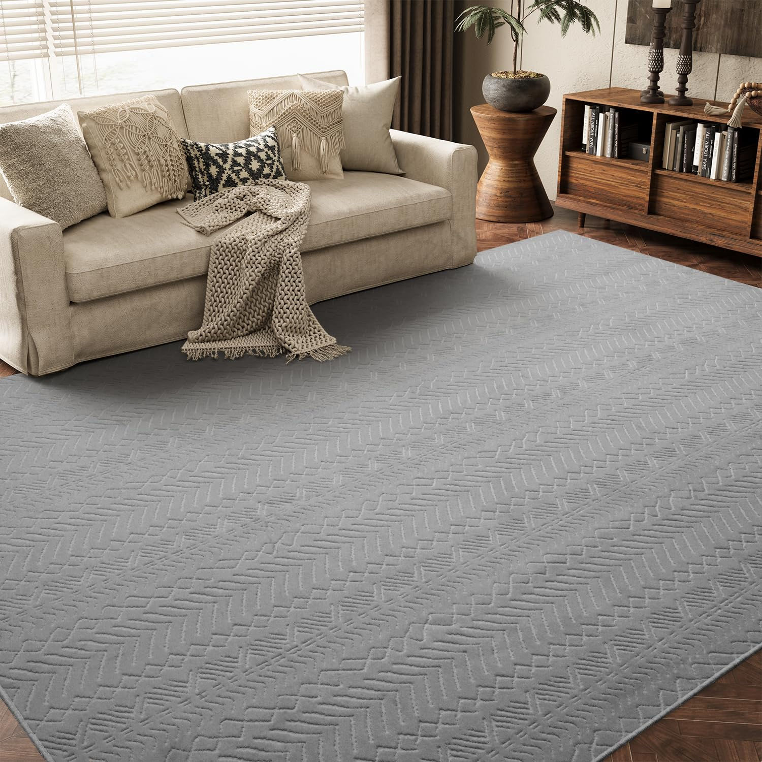 AMOAMI-Grey Boho Washable Rug 9x12 - Non Slip Living Decor