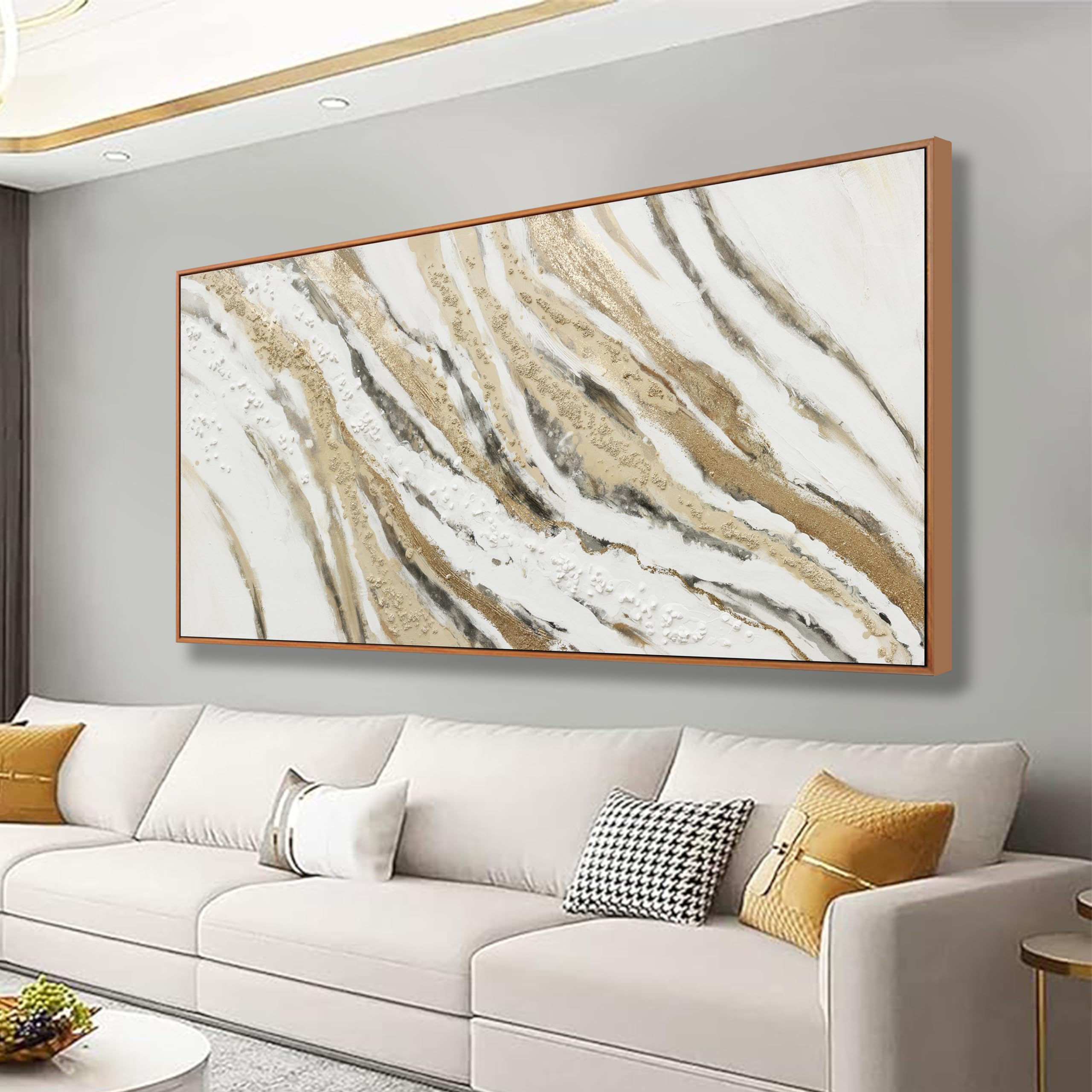 Abstract Wall Art Framed Artwork Abstract Painting With Golden And White Lines D