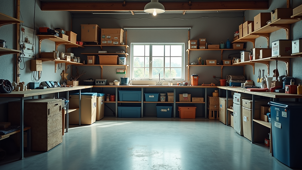 High angle view of a garage with wall-mounted shelves and organized storage bins