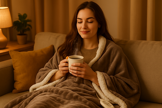 Woman with a cup of tea under a Velora Sherpa lined electric blanket
