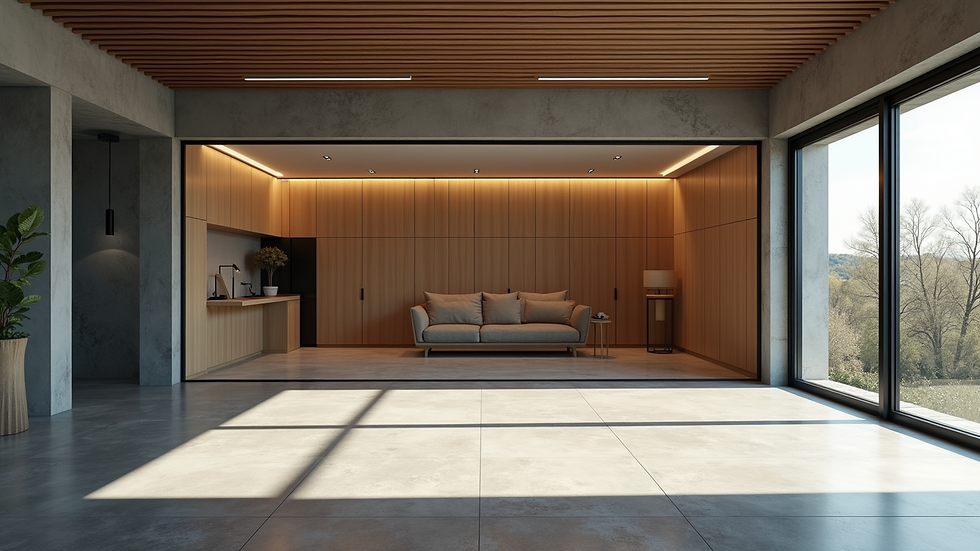 Wide angle view of a newly converted garage with modern interior design
