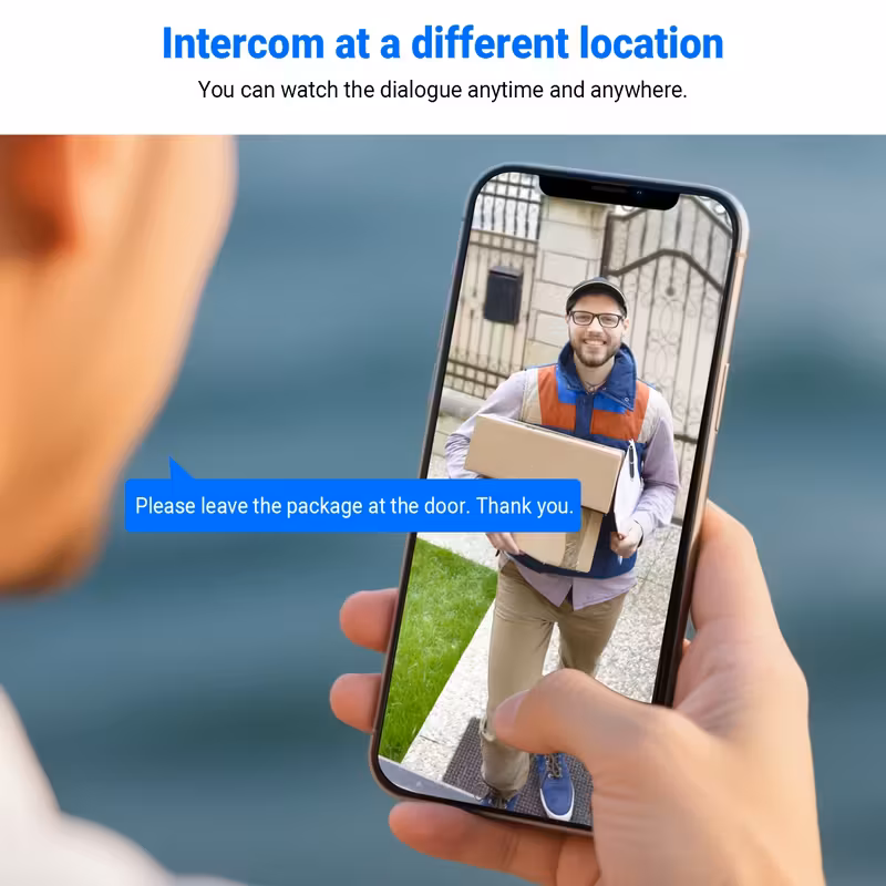 person speaking to phone to someone on smart doorbell