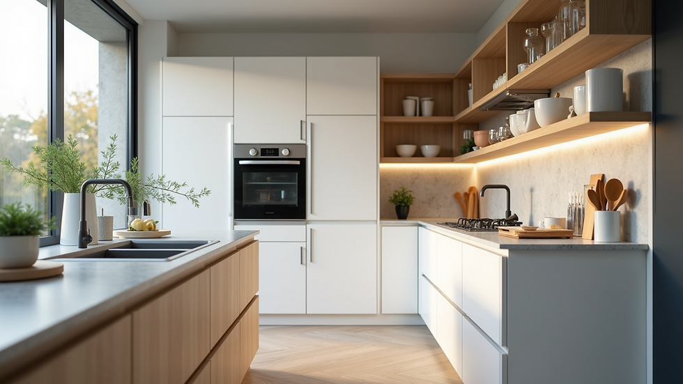 Eye-level view of modern kitchen with new cabinets and appliances