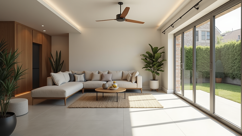 Wide angle view of a finished garage conversion turned into a bright living room