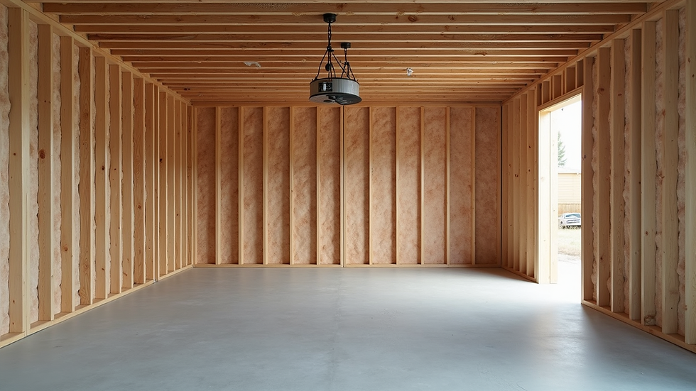 Eye-level view of a partially converted garage showing insulation and wall framing
