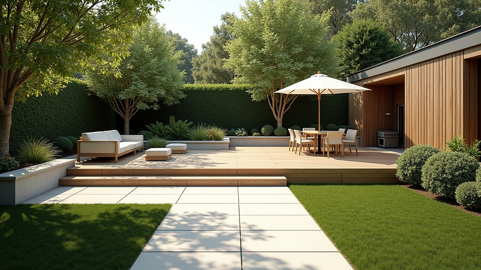 Wide angle view of a landscaped garden with decking and seating area
