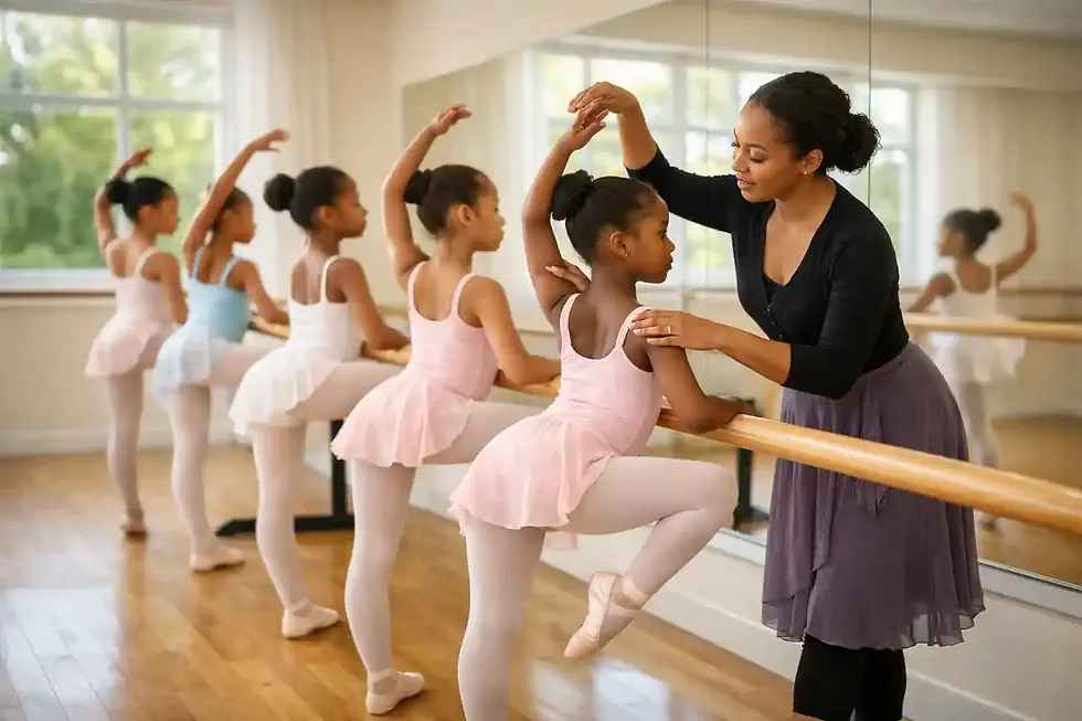 Young Ballet students practicing structured Ballet routines in a dance studio with their instructor guiding them