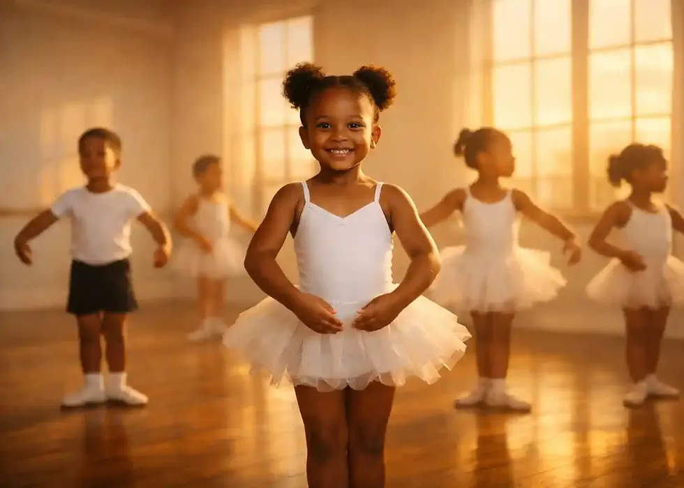 Young ballet students practicing basic positions in a bright dance studio, demonstrating discipline and coordination