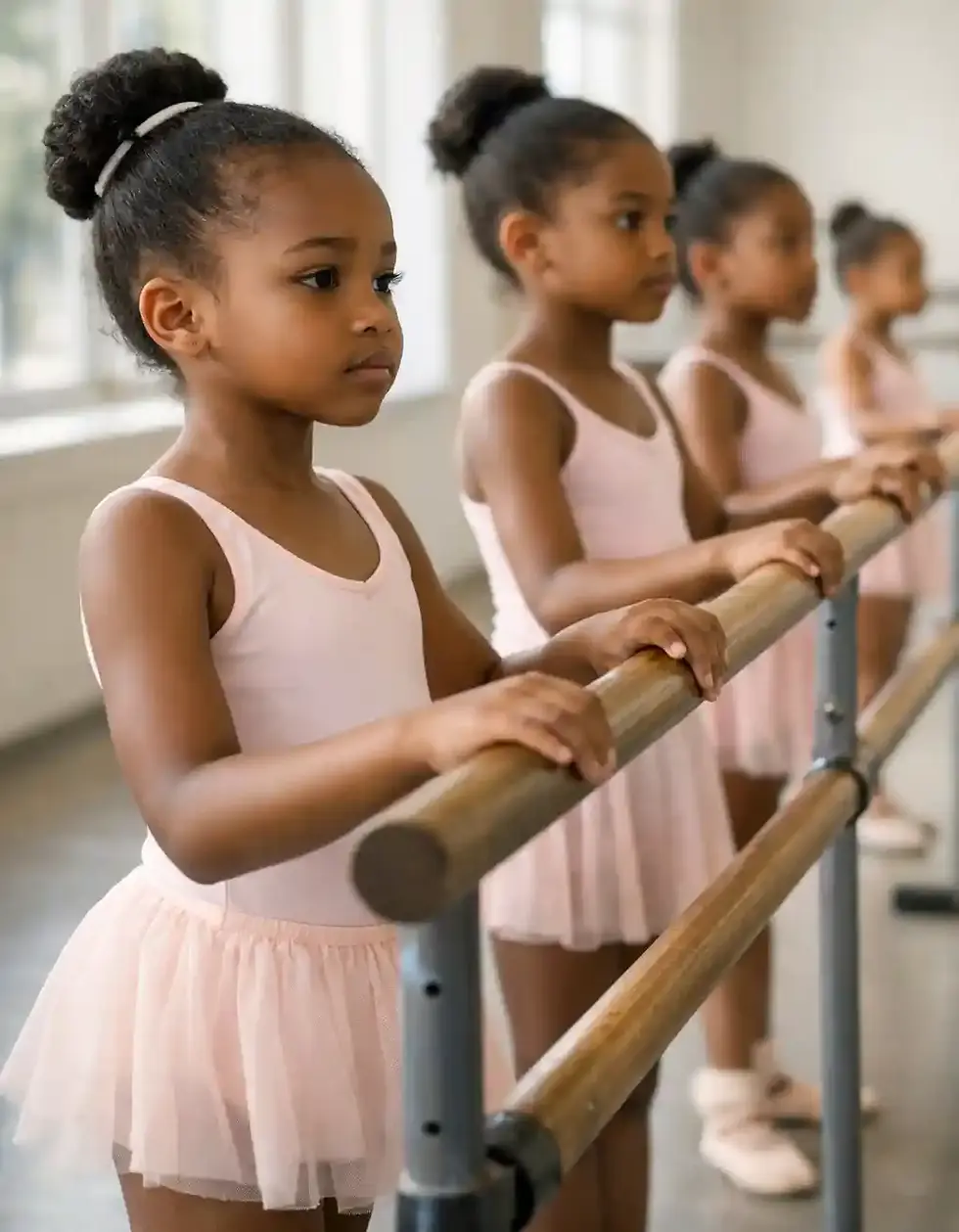 Children practicing ballet in class while learning emotional discipline, patience, and focus through structured ballet training.