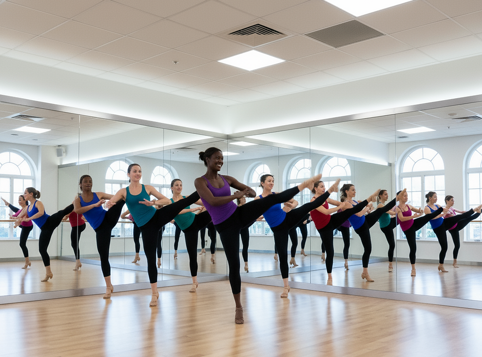 Students practicing jazz dance techniques at Inez Patricia School of Dance studio.