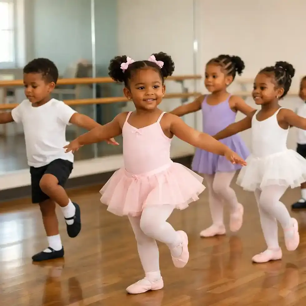 Young children practicing ballet movements to improve balance, coordination, and gross motor skills in a dance studio.
