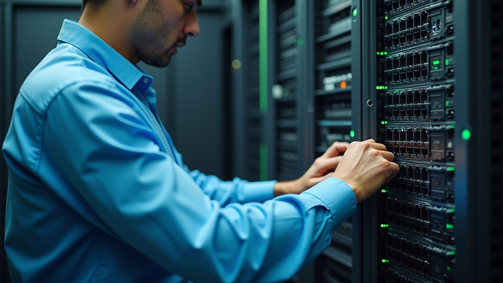 Close-up view of a technician working on a network switch in a Delhi office