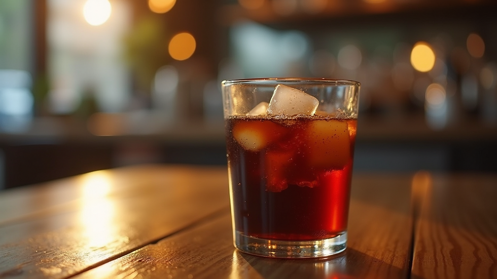 Eye-level view of a cold brew coffee glass with ice cubes on a wooden table