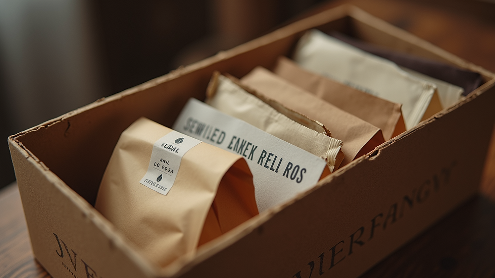 High angle view of a bean box open with assorted coffee bags inside