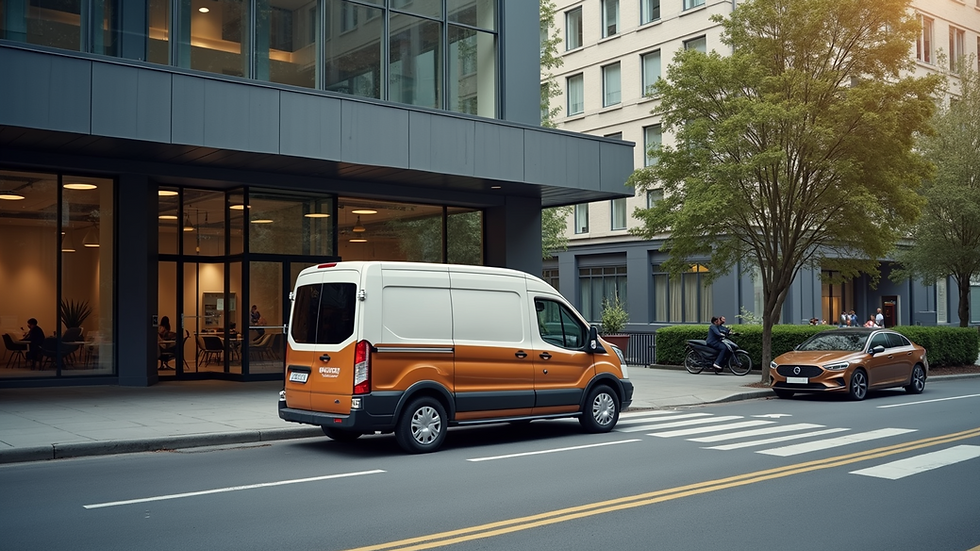 Eye-level view of a coffee delivery van parked outside a modern office building