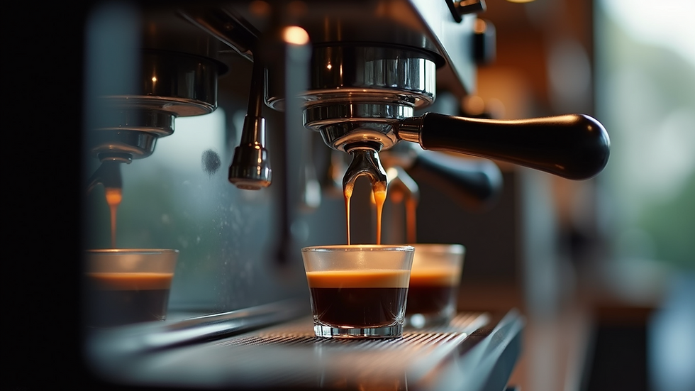Eye-level view of an espresso machine with a shot of espresso being pulled