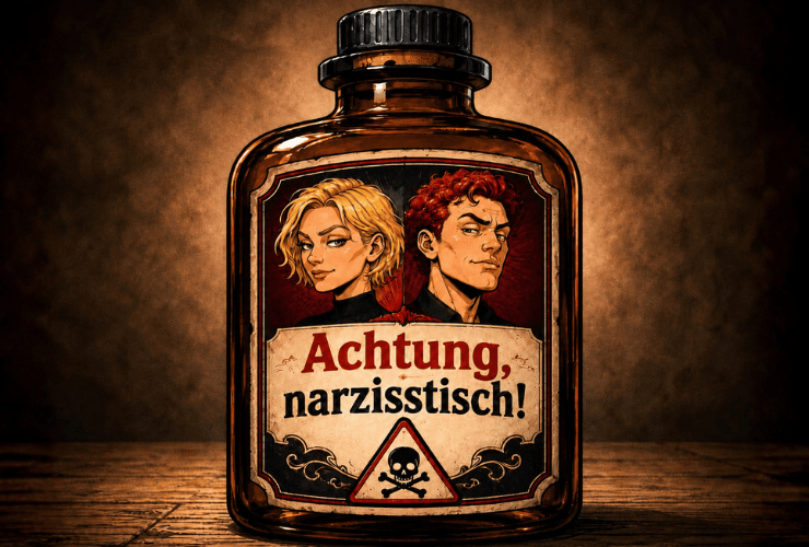 Toxische Beziehung mit Narzissten: Flasche mit Etikett 'Achtung, narzisstisch!'