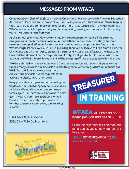 Fine Arts Parent Group E-Newsletter Letter to Grads