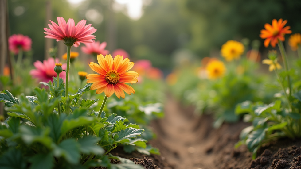 Eye-level view of a community garden with vibrant flowers and vegetables