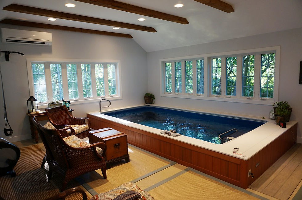 Eye-level view of a modern Endless Pool installed in a backyard with clear water and surrounding greenery