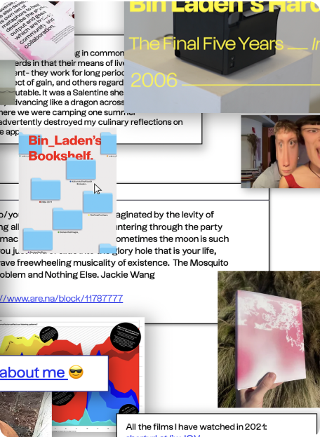 Various panels from Kurt Champion’s portfolio including plain text, photos, work examples, and an “about me” hyperlink next to an emoji wearing sunglasses. Image via Kury Champion.