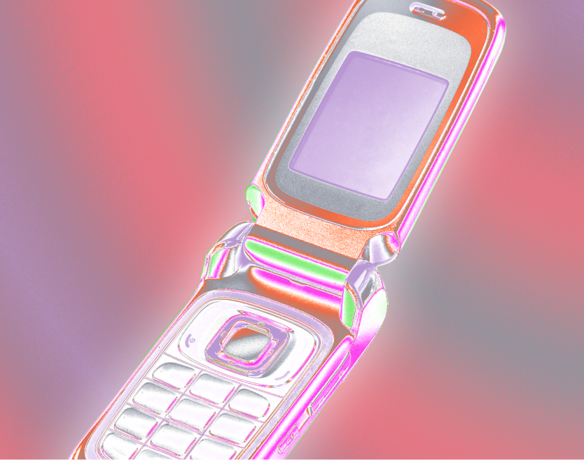 A browser window with a lime green and white gradient top bar. Within it, an open flip phone is illustrated with neon pink, green and orange highlights.