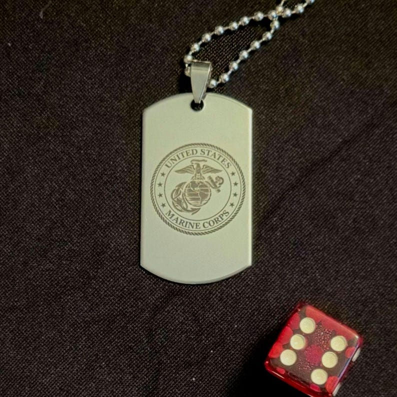 Thumbnail: Laser Etched Marine Insignia Dog Tag. Stainless Steel with 24" Chain.