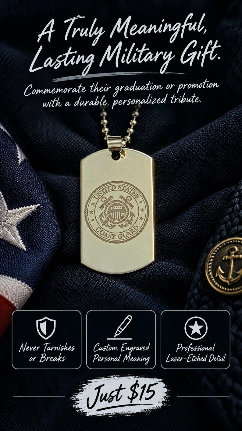 Laser Etched Coast Guard Insignia Dog Tag. Stainless Steel with 24" Chain.