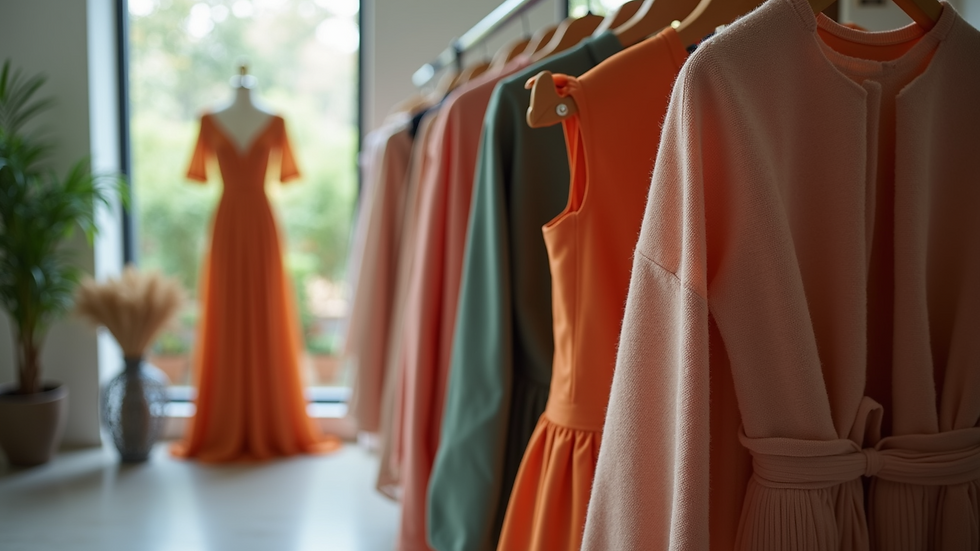 High angle view of a stylish dress collection displayed in a boutique