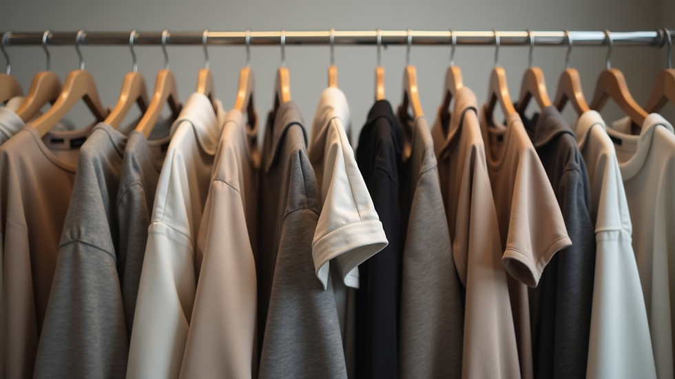 Eye-level view of a minimalist clothing rack with neutral toned garments