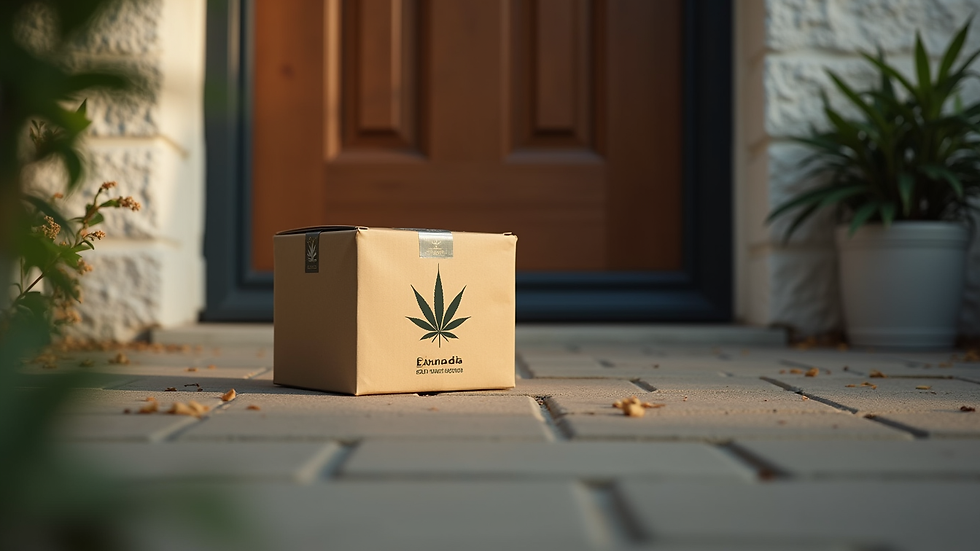 Eye-level view of a cannabis delivery package on a doorstep