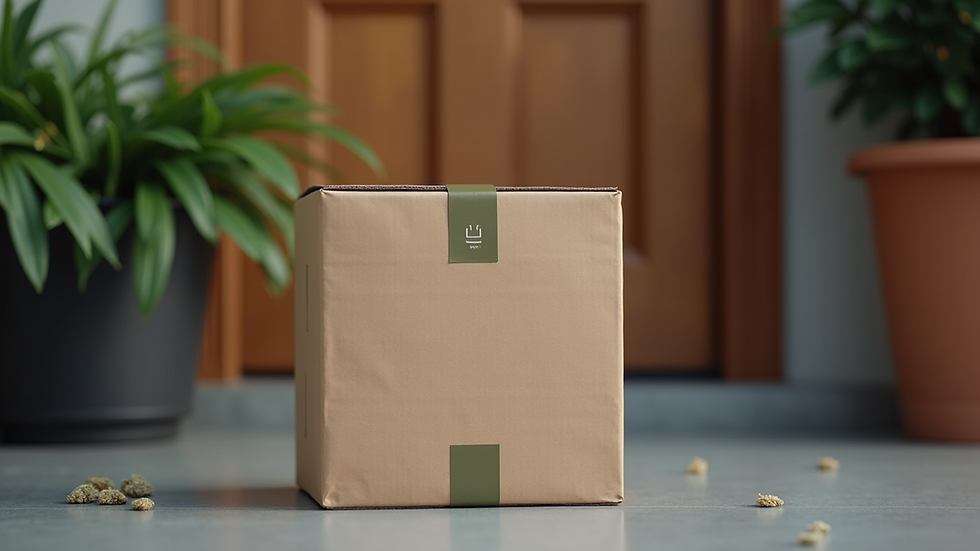 Close-up view of a cannabis delivery package on a doorstep