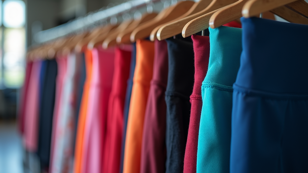 Close-up view of colorful fitness leggings on a rack