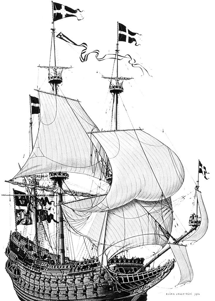 Painting of the Swedish warship Wasa by Björn Landström (1917–2002). (Source: Wikimedia Commons).
