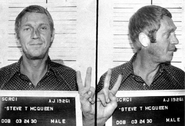 Mugshot taken following arrest of actor Steve McQueen in Anchorage, Alaska, 1972.