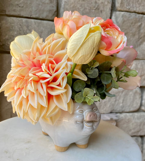 Bright dahlia silk flower arrangement in decorative container, colorful faux flowers for home