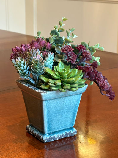 Succulent silk arrangement in wooden container, modern artificial plant decor for home