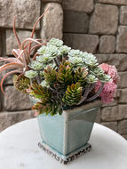 Neutral toned silk floral arrangement with greenery in square vase, rustic home decor flowers