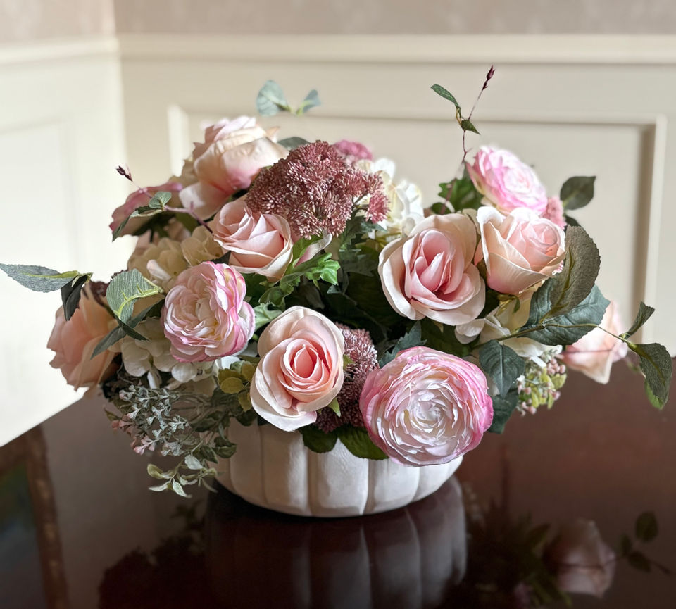 Blush Mix Florals: Blush pink rose silk flower arrangement in a vase for home decor.