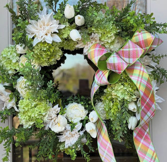 Green and white silk floral arrangement with plaid accent, seasonal artificial home decor