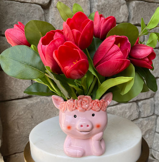 Red tulip silk arrangement in decorative container, bold artificial flowers for modern home decor