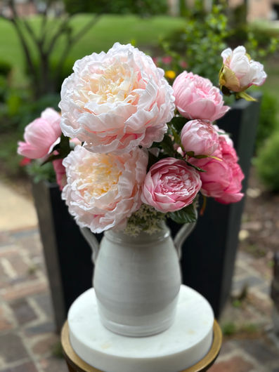 Pink peony silk floral arrangement in white vase, soft elegant artificial flowers for interiors