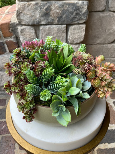 Mixed greenery and succulent silk arrangement in low bowl, natural style artificial home decor